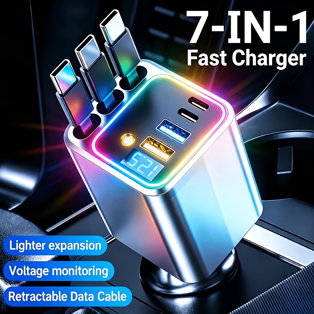 7-in-1 Car Fast Charging Mobile Phone Charger, with 3 Extendable Cables and Fast Charging Interface, Universal Plug, Supports 180 Degree Free Rotation, with LED Display Screen