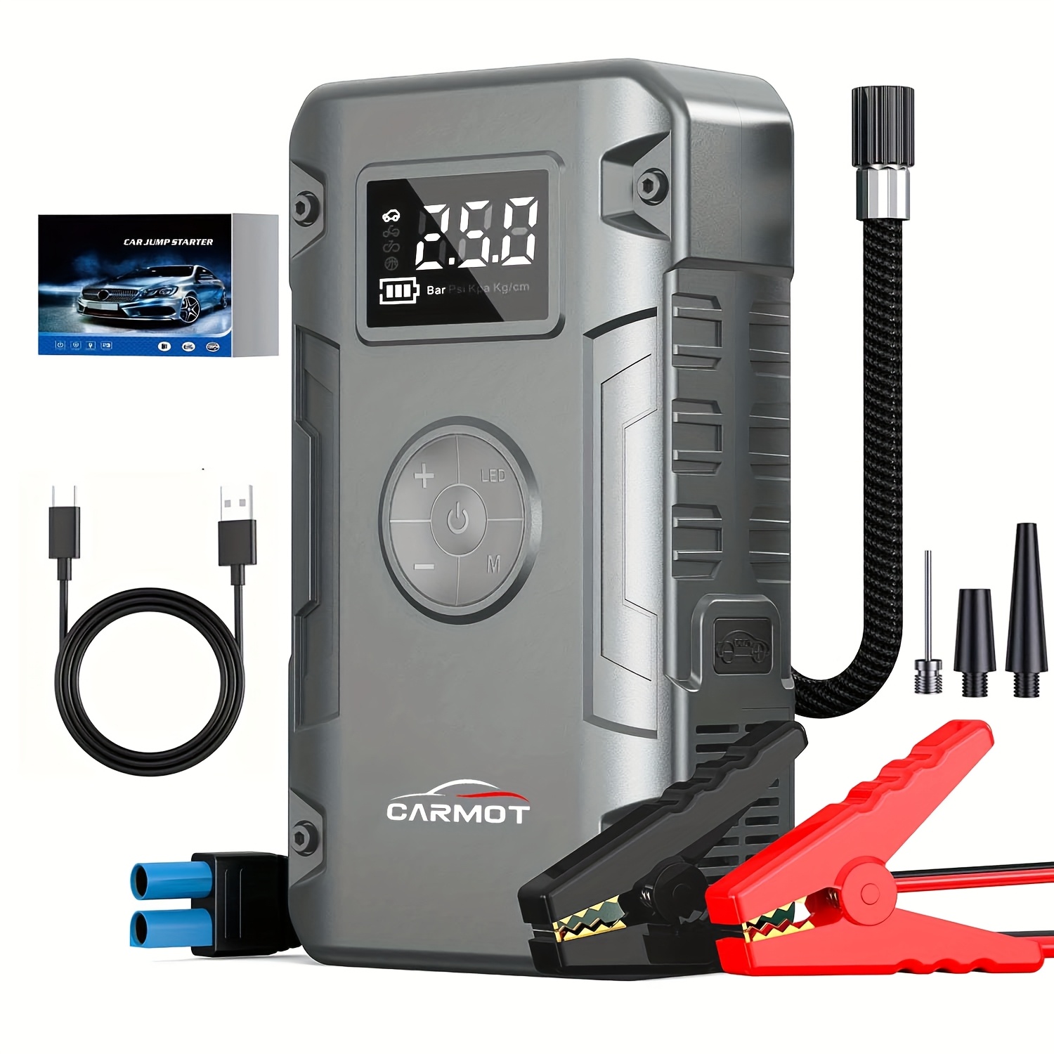 TEMU Démarreur Portable 7000A & 10000A Pic avec Pompe à Air, Chargeur de Batterie de Voiture, Démarreur avec Compresseur pour Essence 2,64 Gallons ou