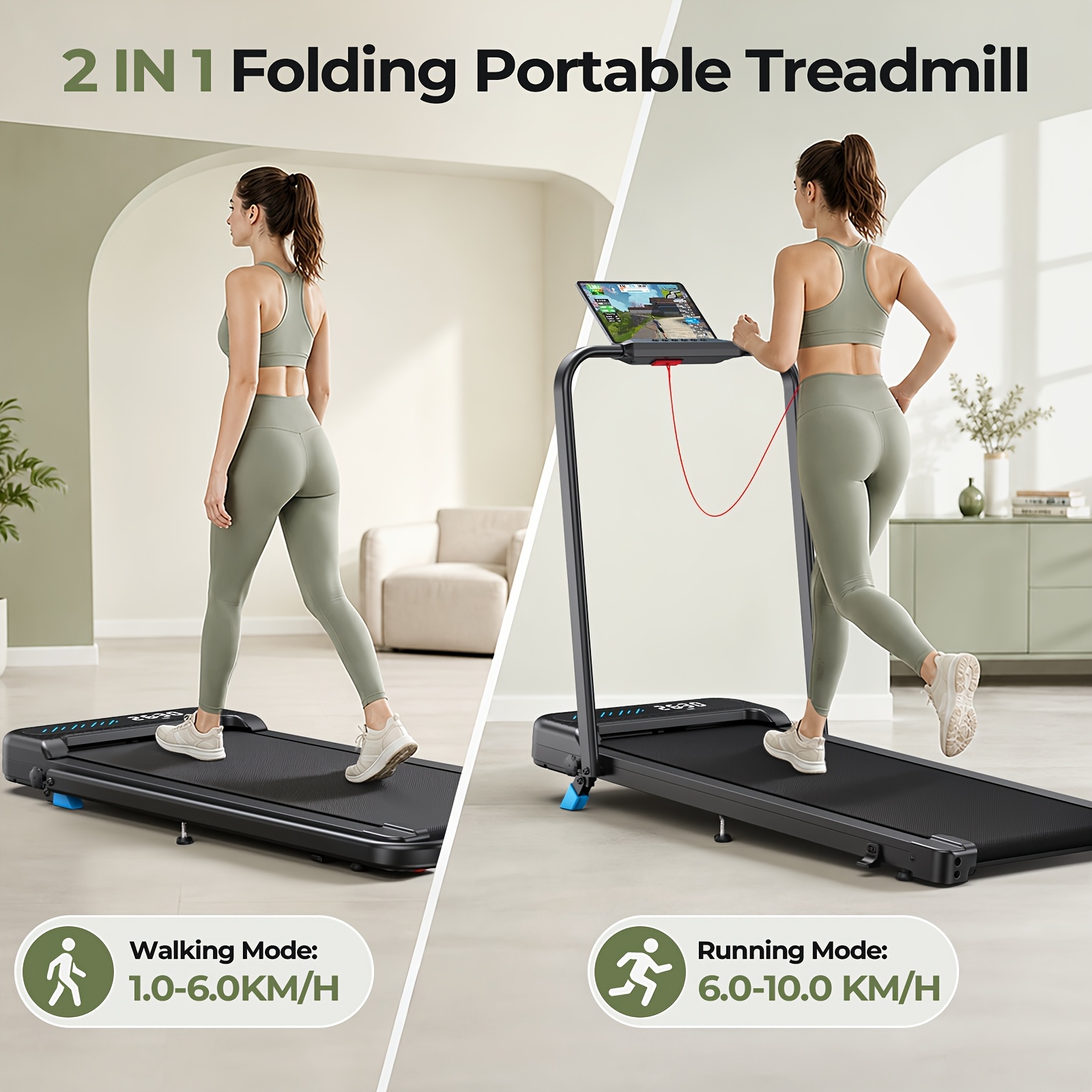 Foldable Treadmill with Incline, 2in1 Compact Walking Pad