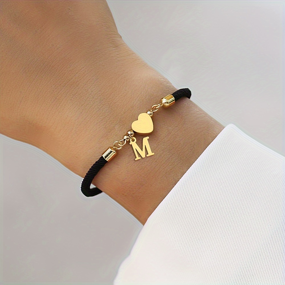 

Heart And Initial Pendant Black Rope Bracelet For Women Elegant Simple Style Delicate Female Gift