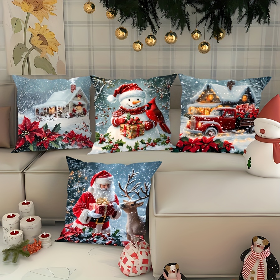 

4pcs Christmas Throw Pillow Covers Set - Santa, Reindeer & Snowman Designs With Velvet Print For Living Room, Sofa, Office Decor - Zip Closure, Machine Washable