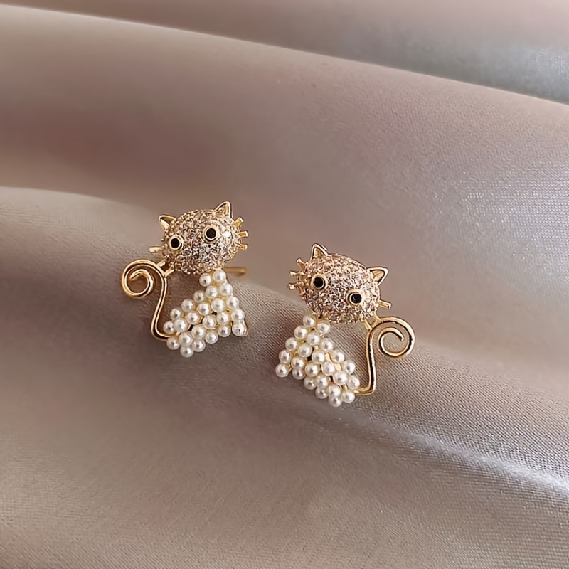 CZ Cat Stud Earrings 925 Silvery Post with Rhinestone for Women