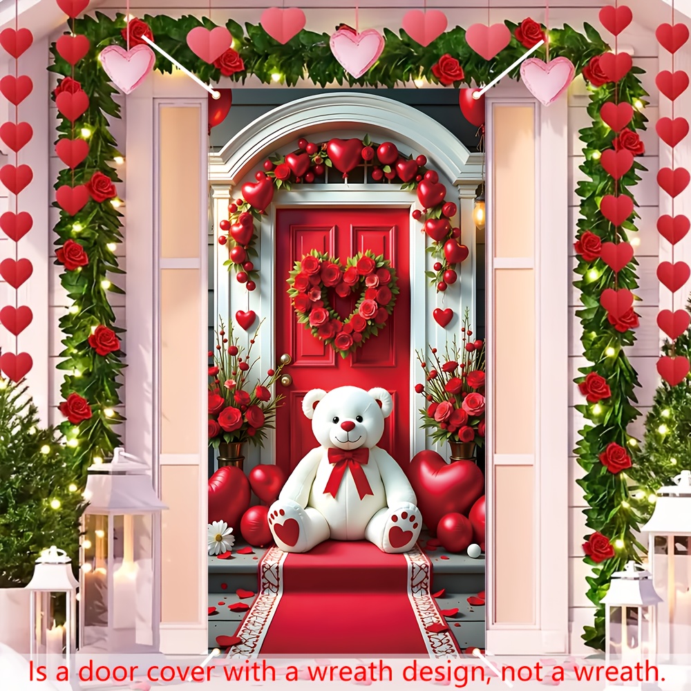 

1pc Valentine's Day Porch Decor Flag, 35.4" X " Polyester Love And Teddy , Multipurpose No-electricity Party Decoration Supplies