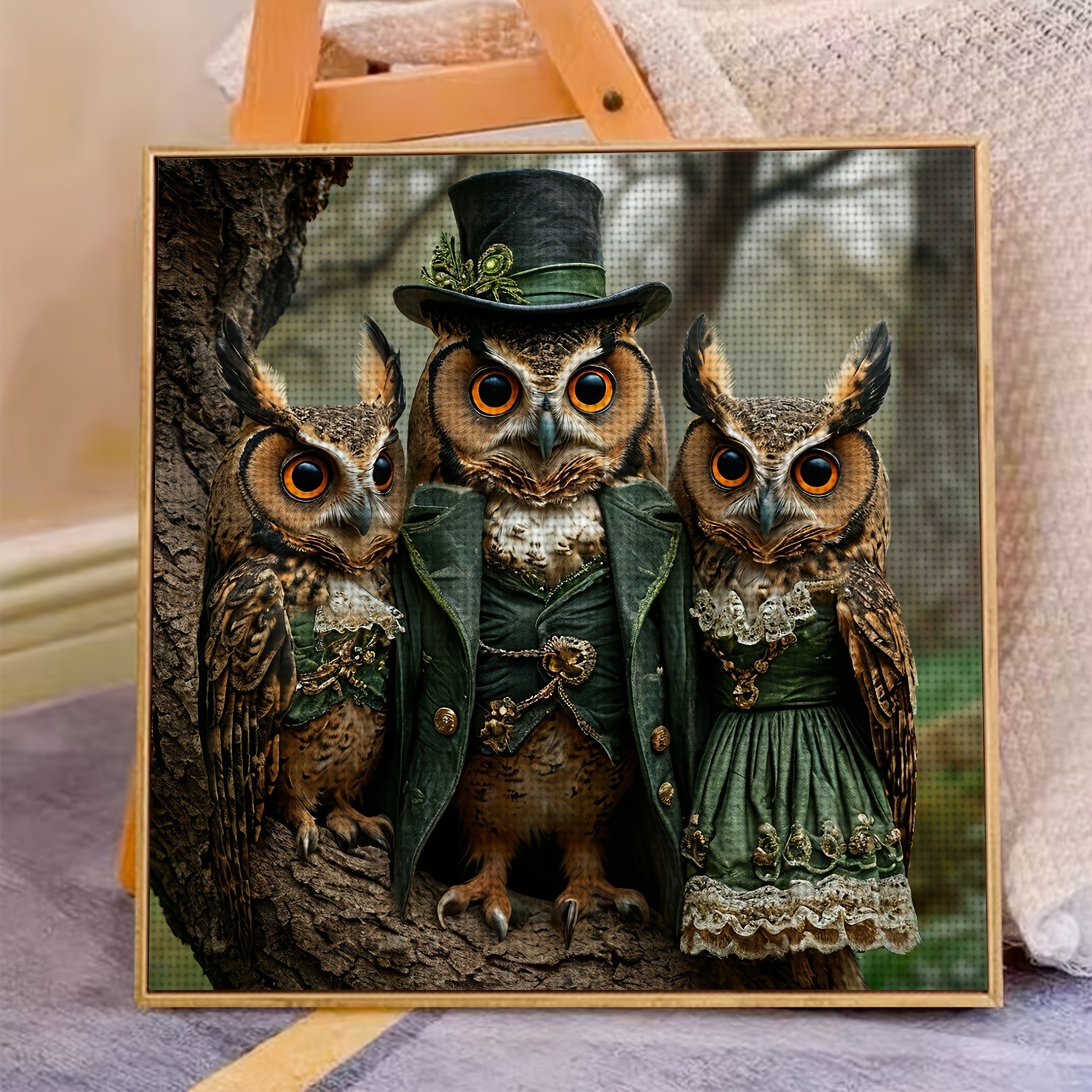 Printed Cross-Stitch Kit, Three Owls in Green Design