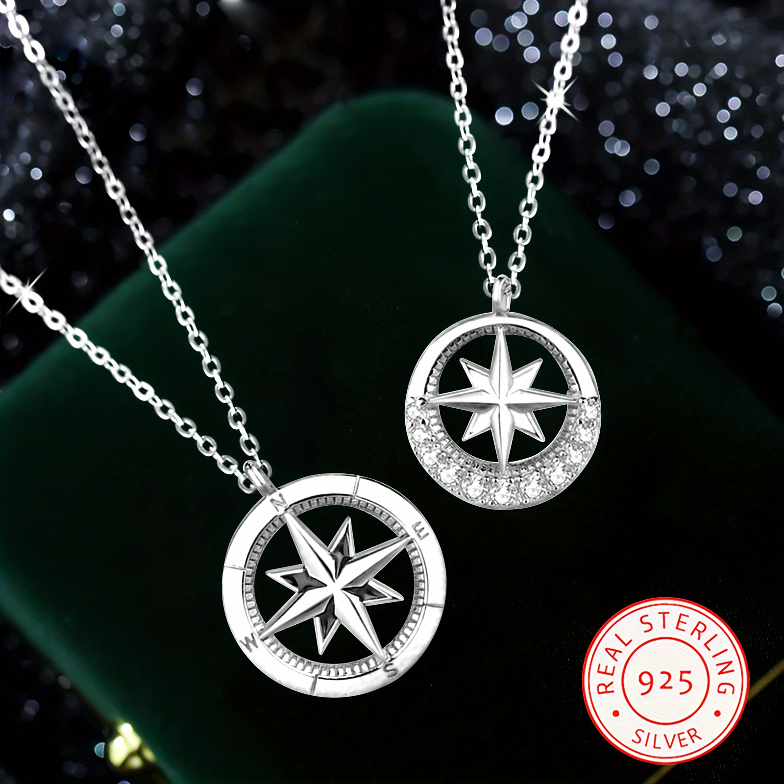 

2-piece Set Of 925 Sterling Silver Minimalist Geometric Compass Pendant, Couple Necklace With Octagonal Star, Suitable For Elegant Jewelry Gifts For Women And Girlfriends