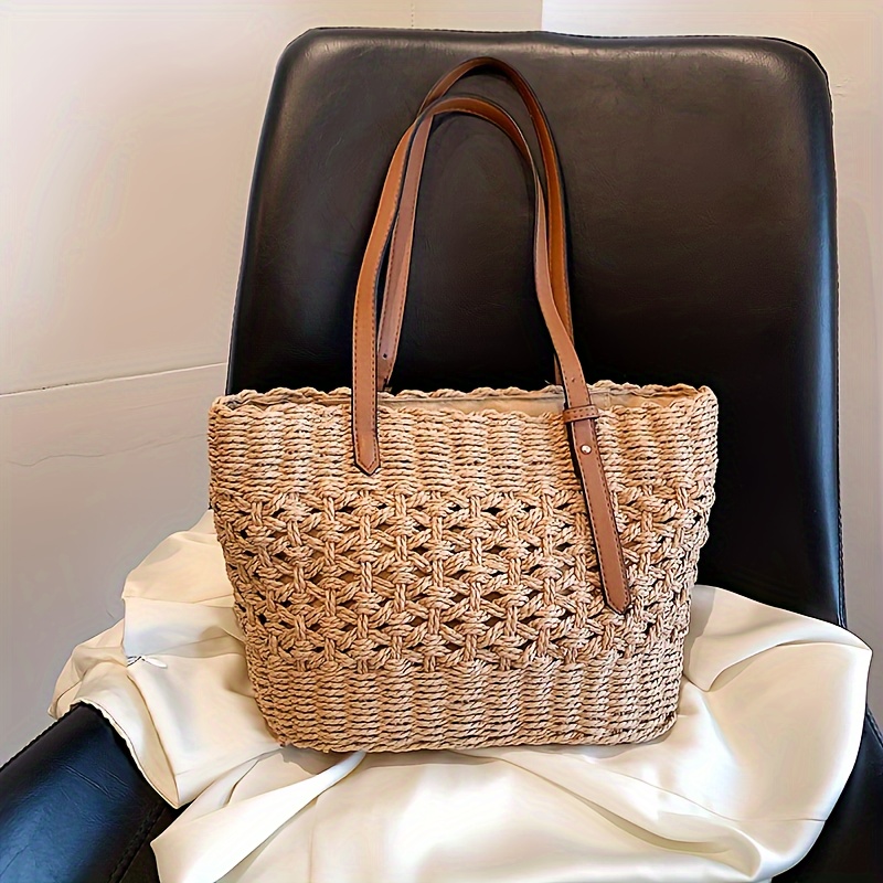 

Summer Chic Straw Tote Bag For Women, Single Shoulder Handbag, Casual Beach Purse, Ideal Lady Gift, Hollow Out Design With Zip Closure