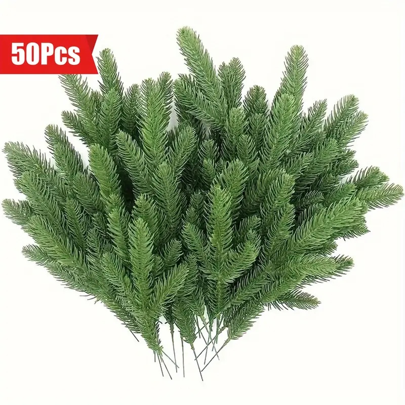50 Artificial Pine Branches - Fake Pine Needles Spray, Suitable For Diy Christmas Wreaths And Modern Home Decor, Plastic Material (container Not Included)