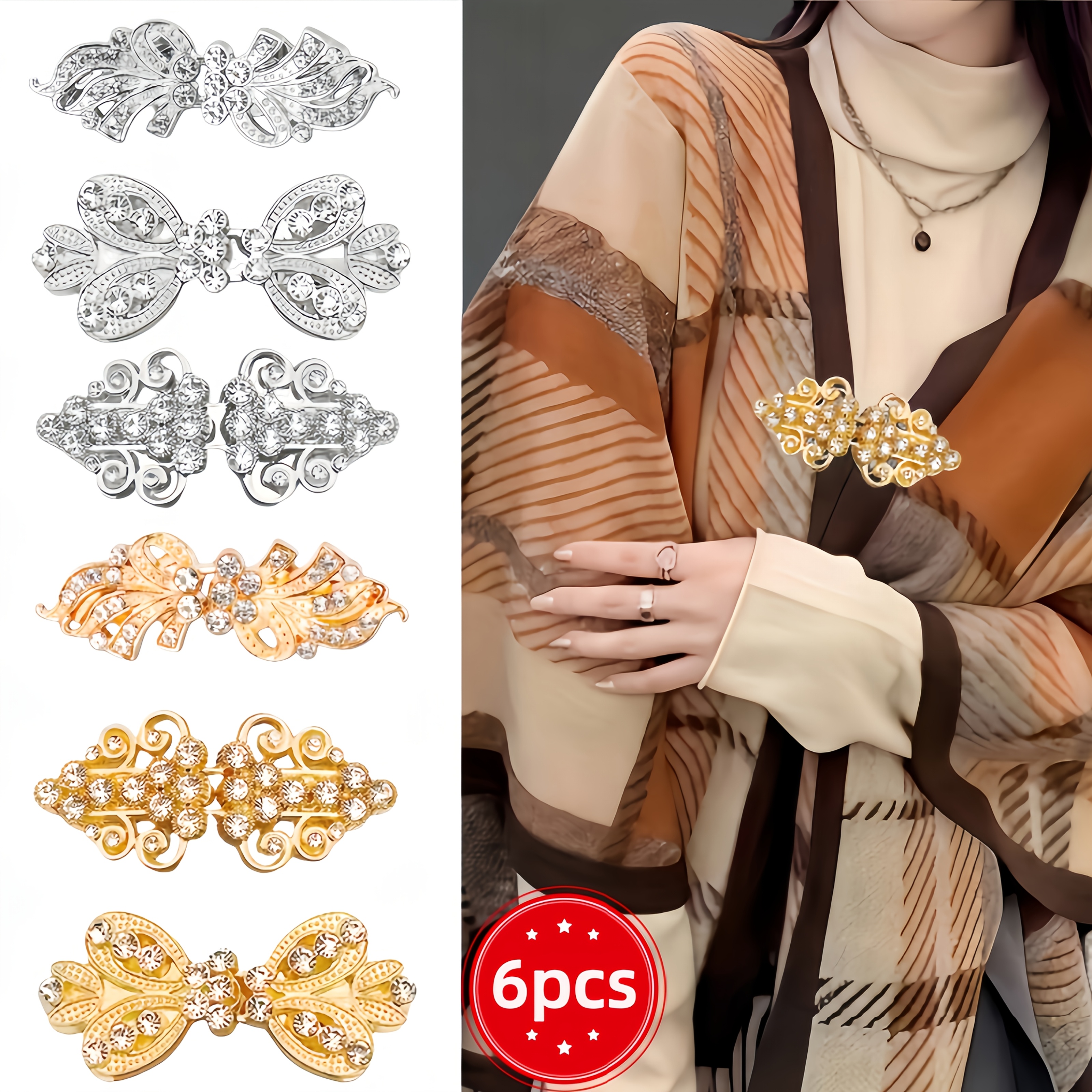 E-shop Ein Set aus 6 Pullover-Clips, elegante Cardigan-Schal-Kapuze-Befestigungen und Kragen-Clips, geeignet für Damenhemden, Kleider, Schals und