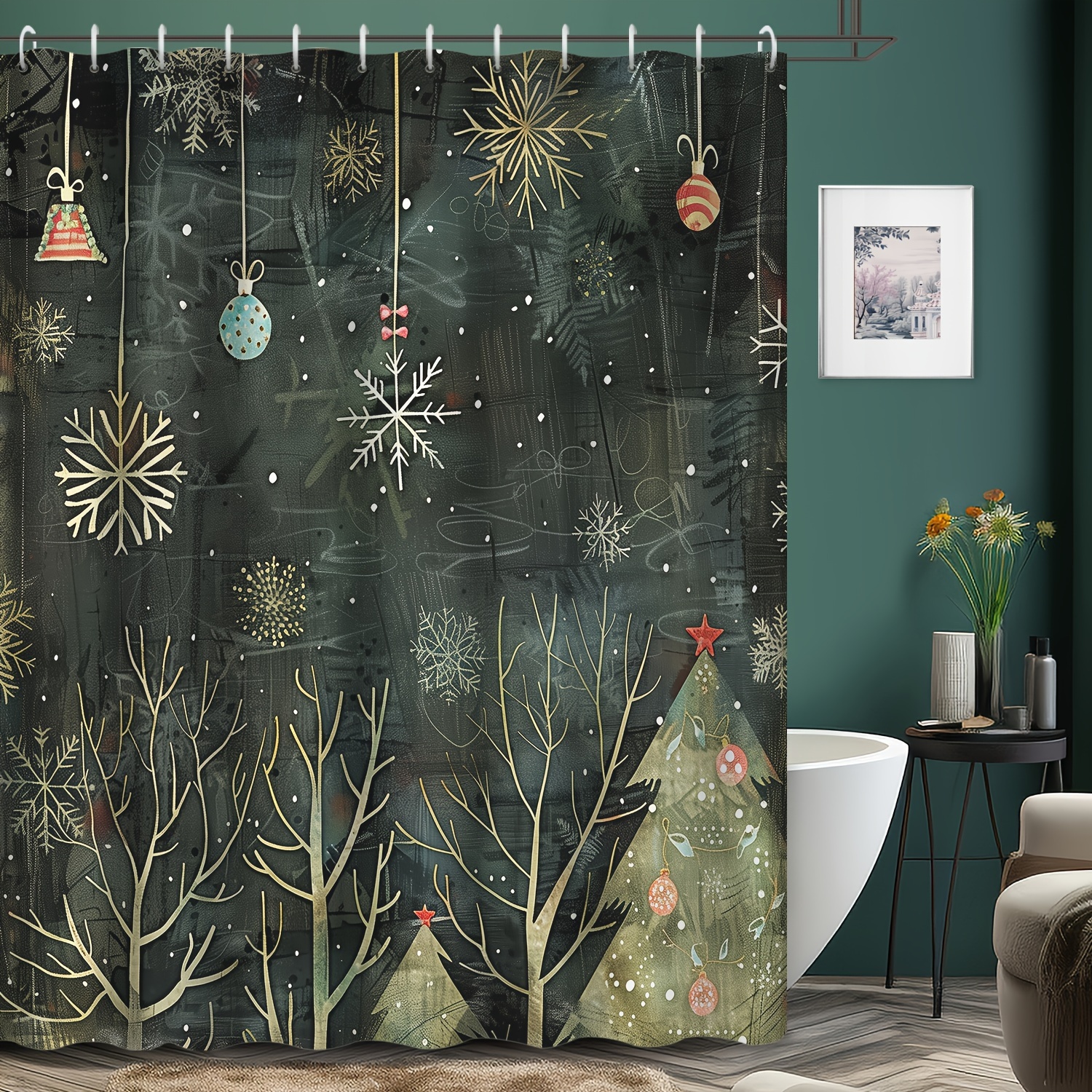 

1pc Christmas Decoration Decoration Old Christmas Tree Christmas Printed Shower Curtain, Polyester , 12 , Shower Curtain, Bathroom Accessories