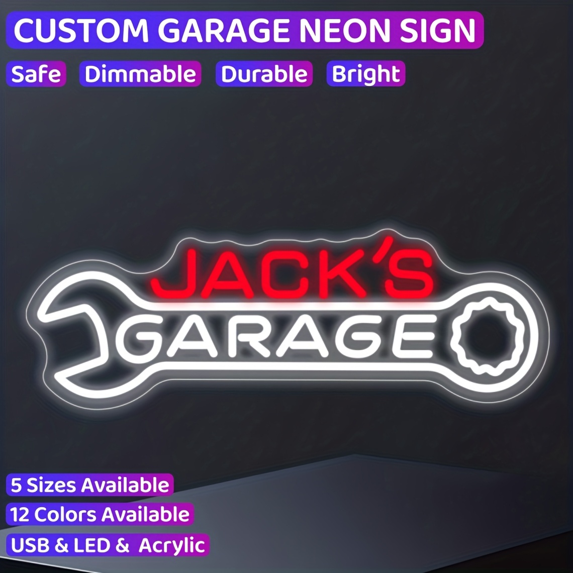 TEMU Custom Name Garage Neon Sign, Personalized Led Garage Neon Light, Customizable Mechanic Shop Light Up Sign For Man Cave, Car Repair, Auto