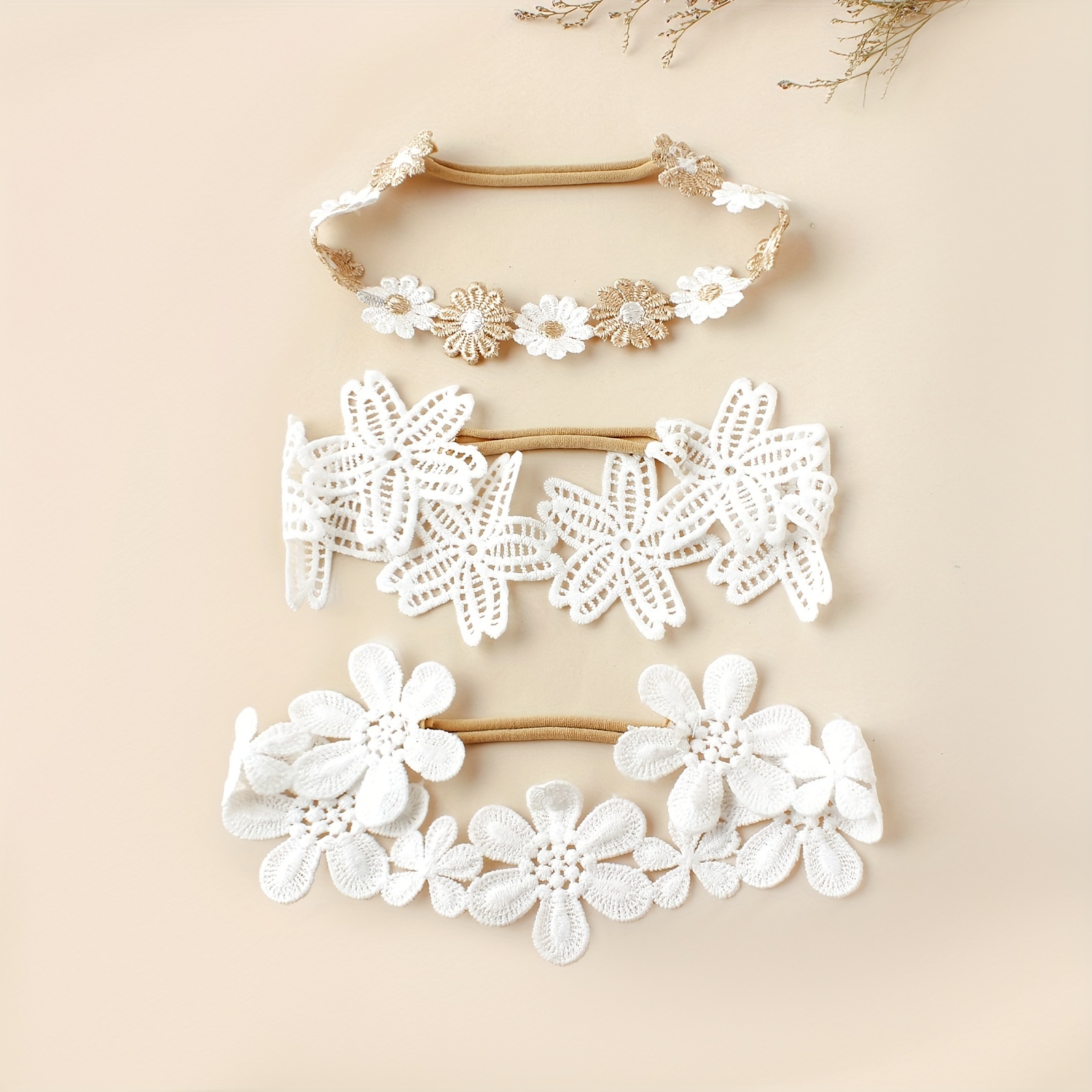 Image of 3pcs Floral Lace Embroidered Headbands For Girls - Perfect For Parties & Weddings, White