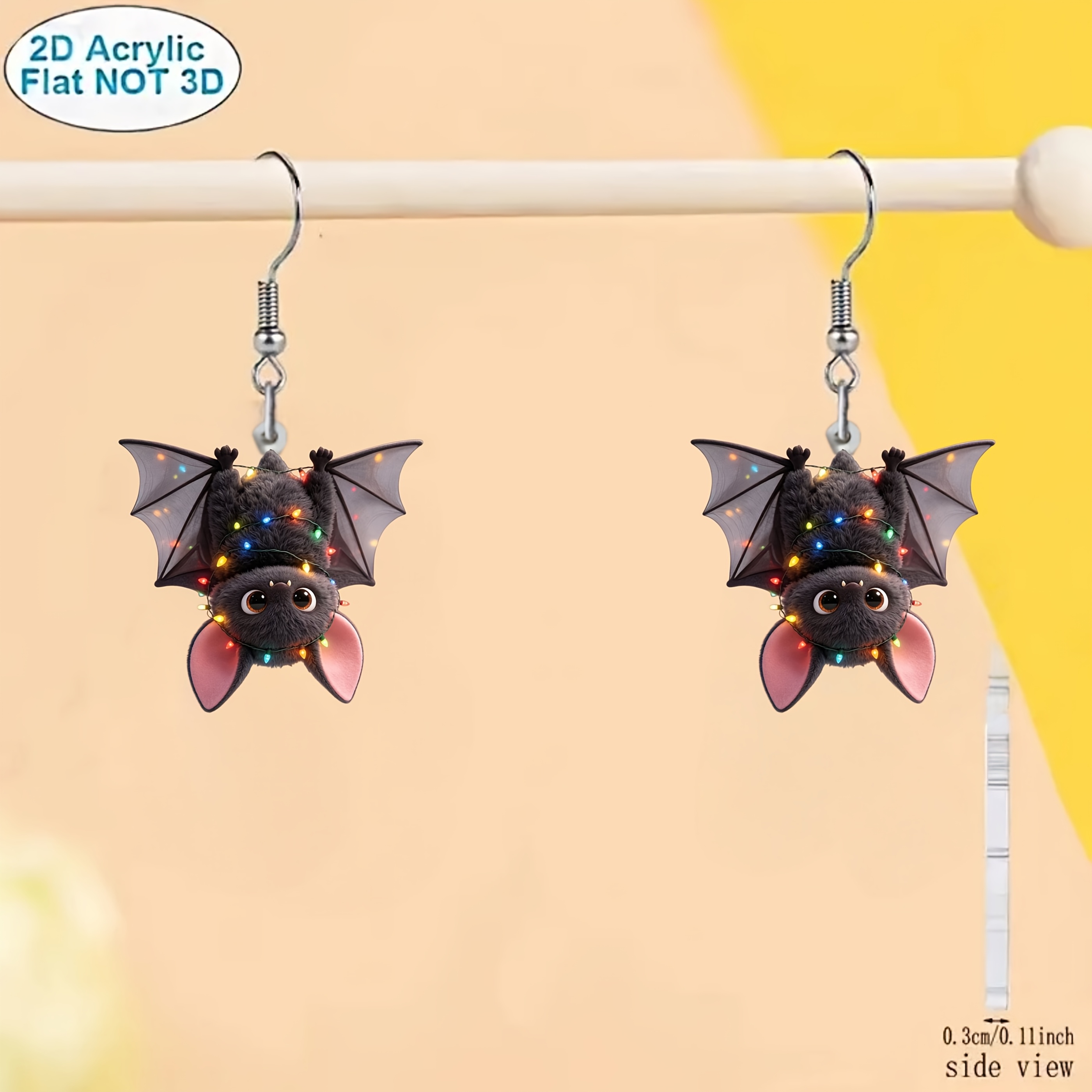 TEMU 2d Flat, 2pcs, Christmas Bat-shaped Versatile Acrylic Pendant Earrings, With Floral Pattern, Perfect Gift For Pet Lovers, Suitable For Women,