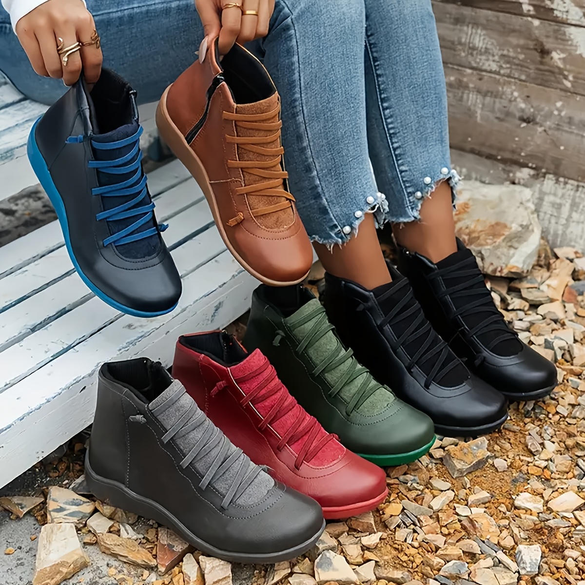 

Arrêtez par - Bottines multicolores pour femmes avec détails de fermeture éclair, élégantes et confortables.