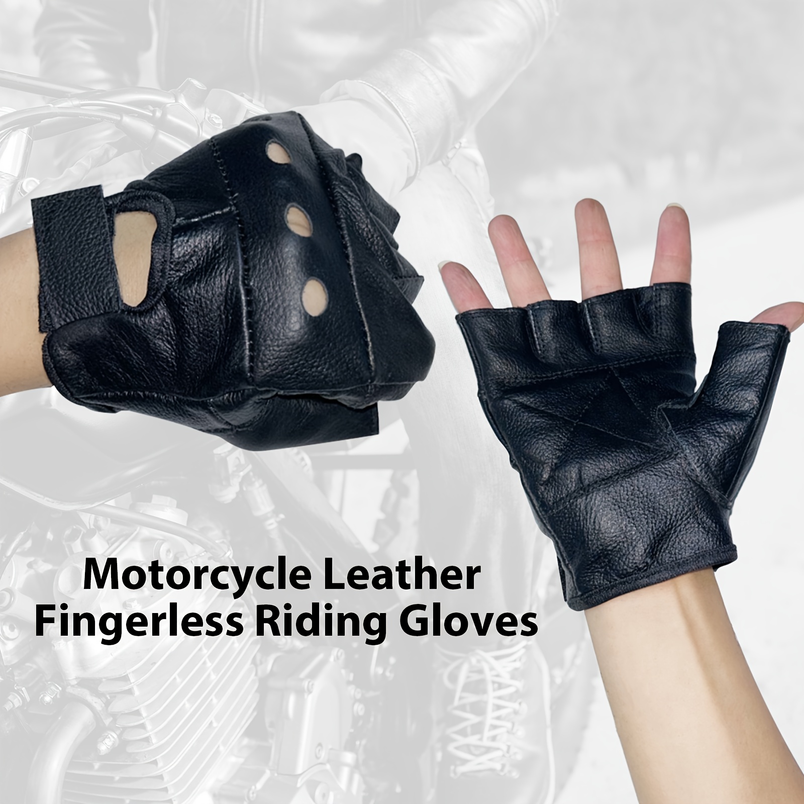 

Black Motorcycle Genuine Leather Gloves With Holes, Fingerless Motorcycle Riding Gloves Gel In Palm For Extra For Motorbike, Cycling, Driving, Hiking