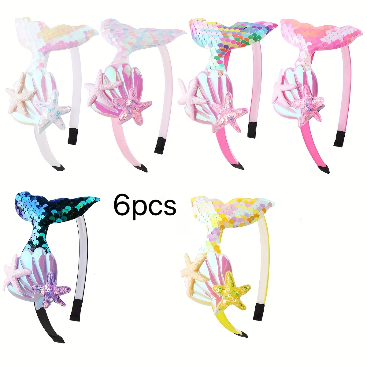 Image of 6pcs Mermaid Tail Sequin Headbands | Cute Shiny Hair Accessories With Starfish And Shell Design, Ideal For Parties, Princess Themes, And Gifts, Fit, Featherless, Plastic Material