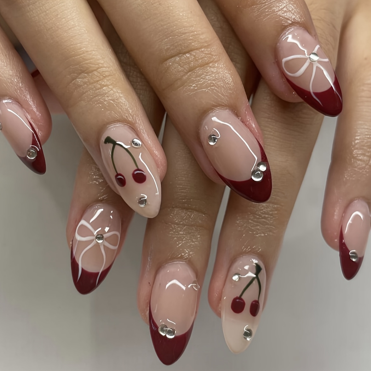 

24pcs Chic Burgundy French Tip Press-on Nails With Cherry & Bow Designs, Short Shape, - Girls, Small Diamonds, Manicure