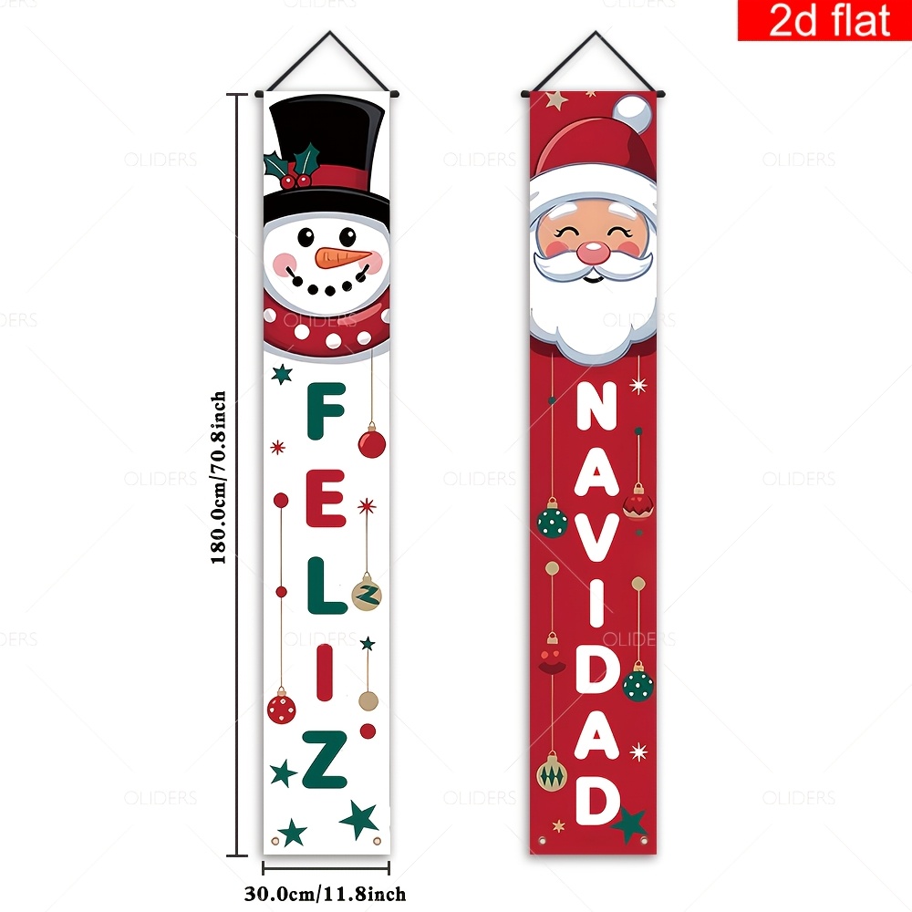 TEMU 2d Flat, 2d Flat Banner, 1 Pair Spanish Merry Christmas Front Door Porch Sign Party Banners With Cartoon Santa Claus Snowman Pattern, Bright And