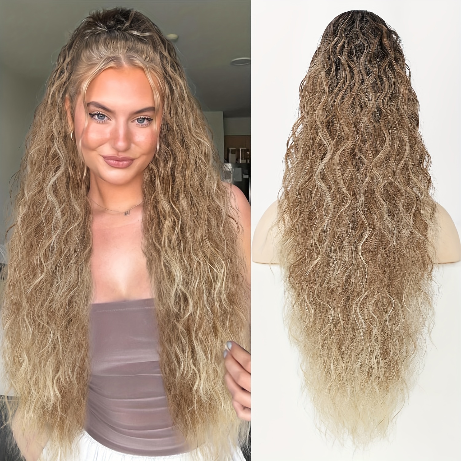 28 inch lightweight curly wave clip in hair extension multi layered synthetic hair for   ponytails chocolate brown unisex all   ponytail hair extensions versatile hairpiece multilayered texture easy application hairpiece details 3
