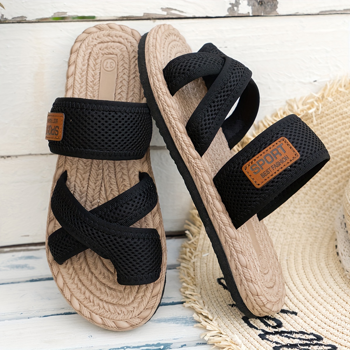 Women s Mesh Upper Flat Sandals, Crisscross Toe Loop Design Summer Shoes, Comfy Outdoor Beach Slide Sandals 7