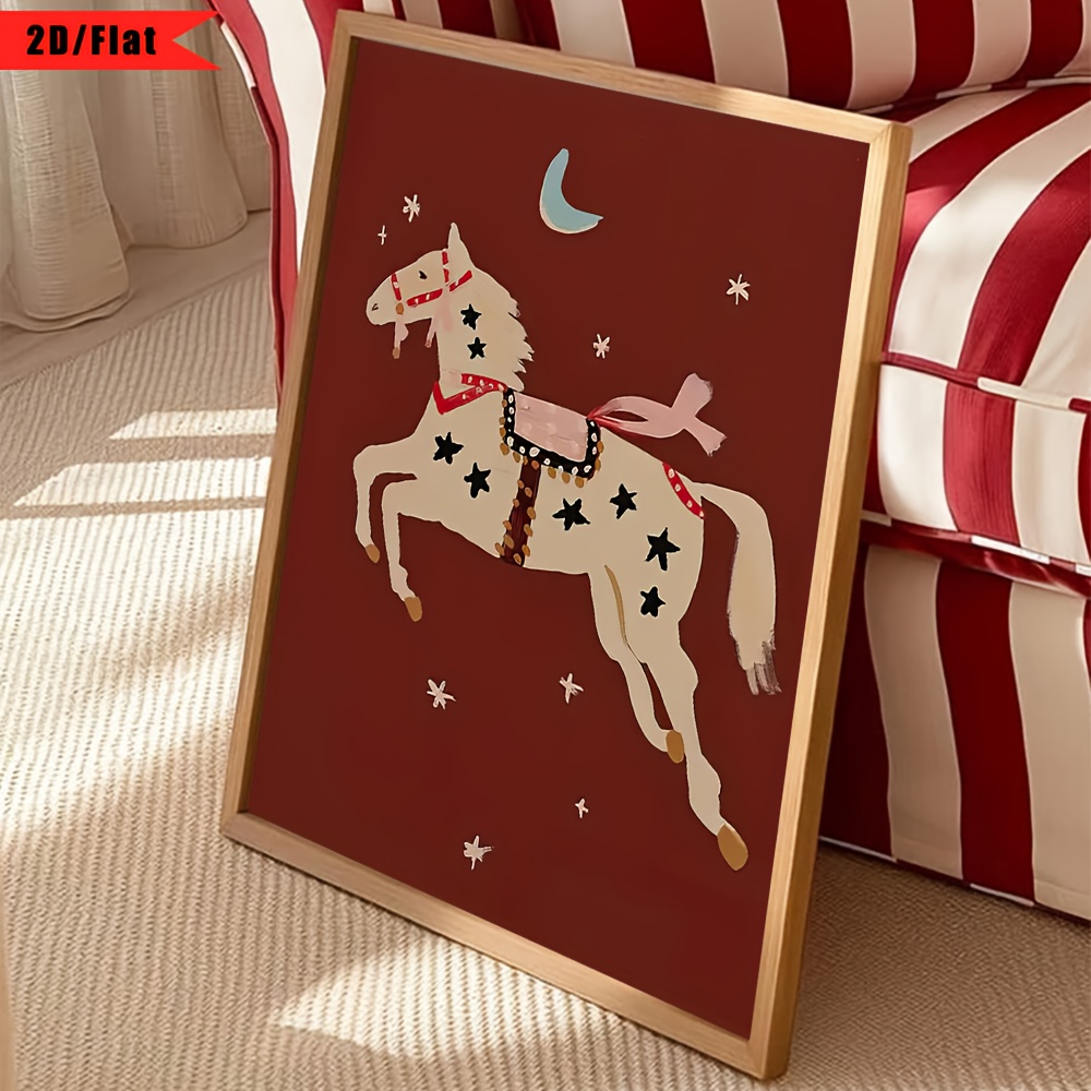 TEMU 2d Flat, 2d/flat, 1pc Unframed Magical Horse Prints - Burgundy Red Canvas Wall Decor For Kids' Room, Movie Posters, Office & Home Decoration