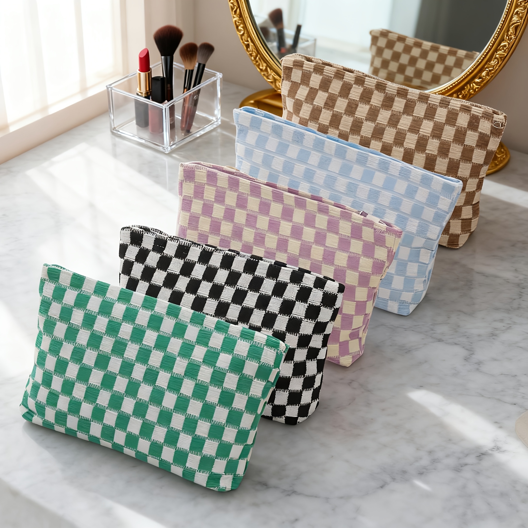 TEMU 5pcs Stylish Checkered Makeup Bag For Women, Preppy Cosmetic Bag, Travel Toiletry Bag Organizer Cute Makeup Brushes Storage