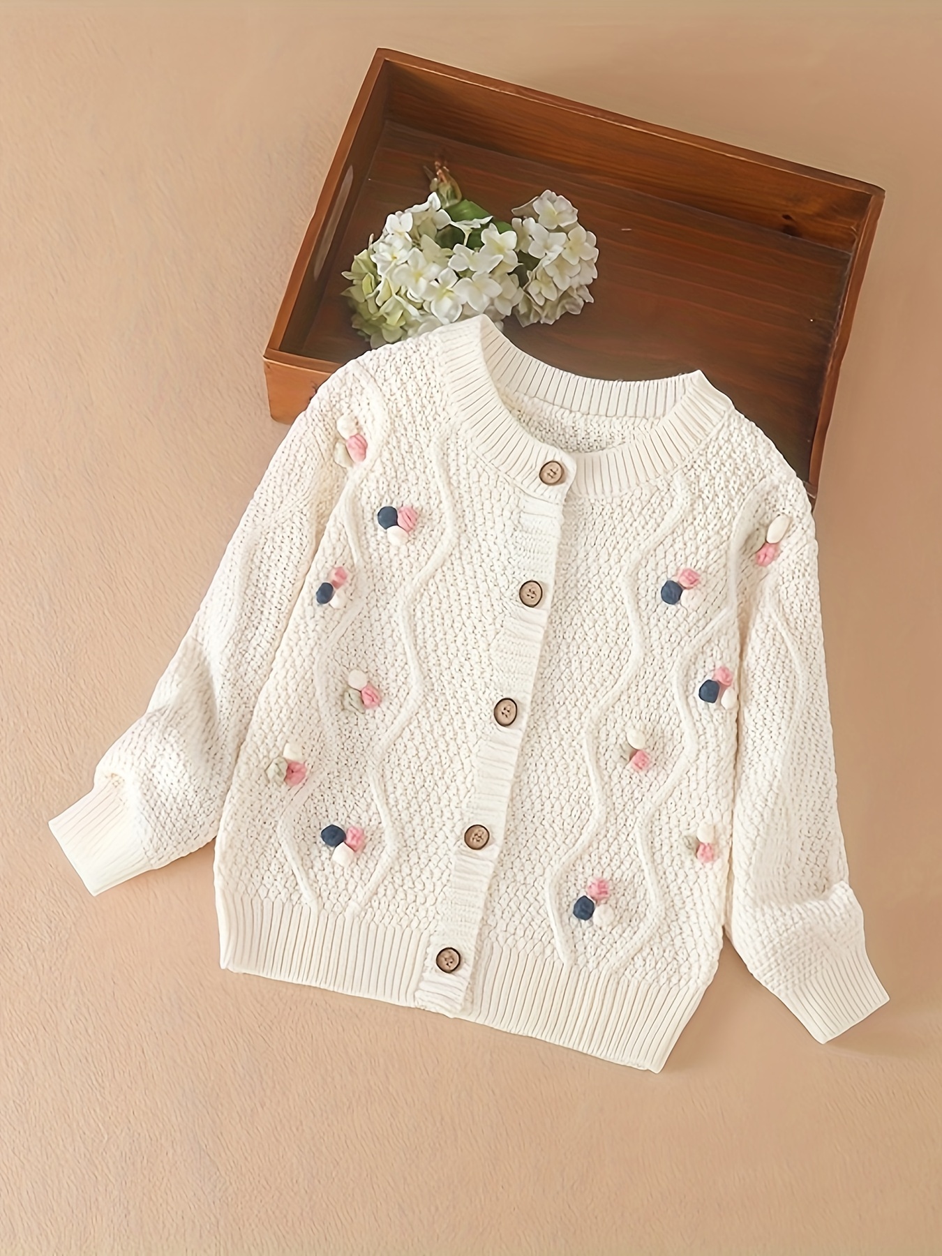 girl's colorful pom pom accents knit cardigan sweater long Temu