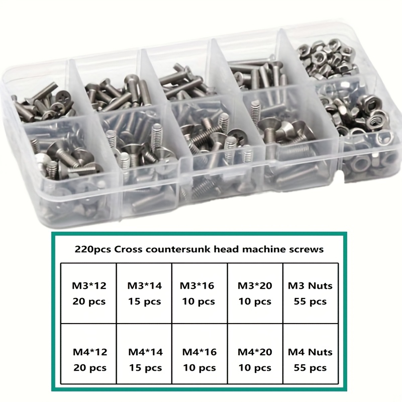 220pcs 304 Stainless Steel Screw Assortment Kit - M3 M4 Phillips Countersink Screws With - Durable, Rust-resistant Hardware Set - For & Workshop Use - Ideal Gift For Enthusiasts