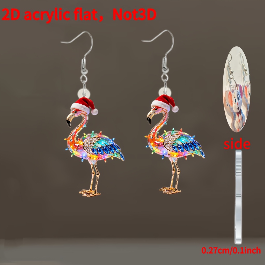 TEMU 2d Flat, 1 Pair, Christmas Hat-wearing Flamingo Pattern Acrylic Material Earrings, Women' Earrings, Modern Style, Suitable For Daily Casual,