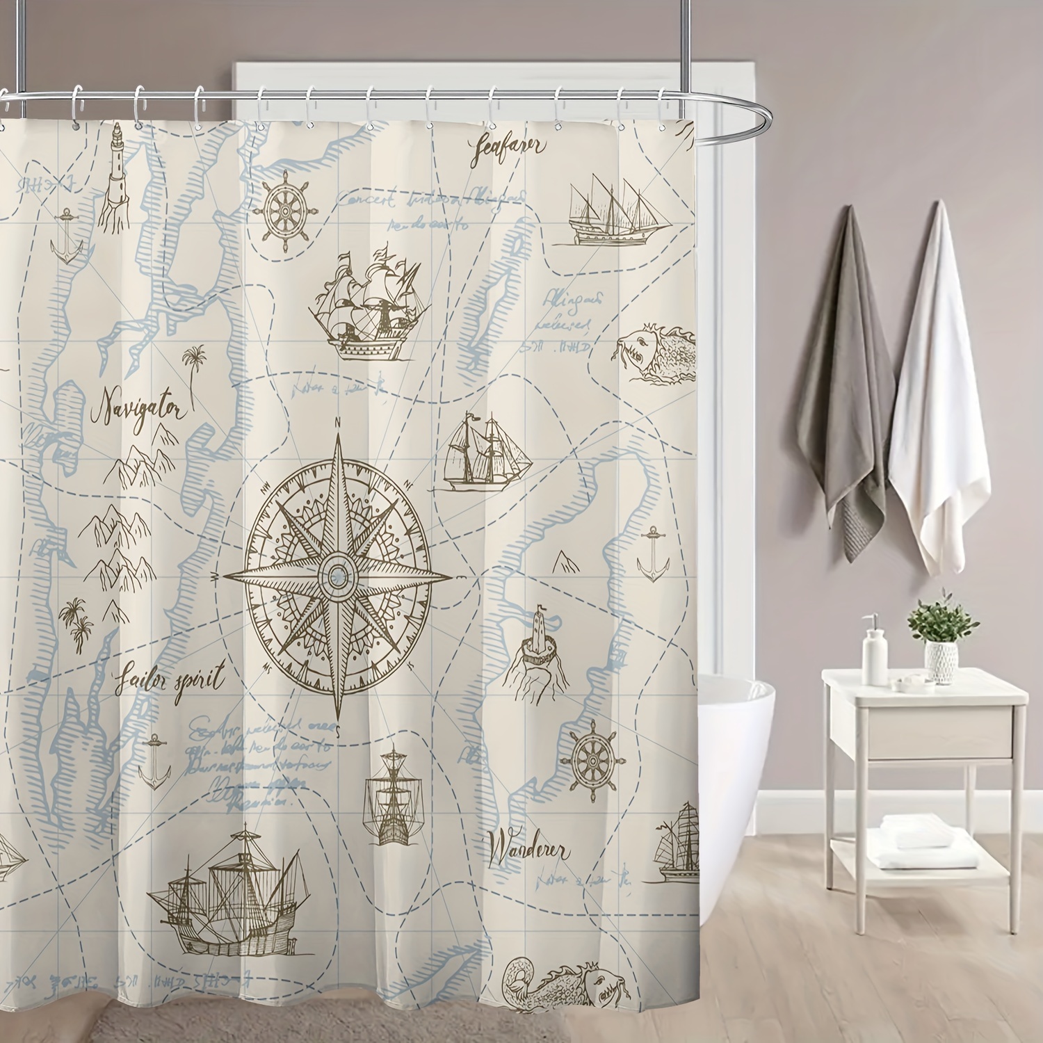 

1pc Nautical Map Shower Curtain, 71x71 Inches Waterproof Polyester Bathroom Curtain With 12 Hooks, Vintage Map Print, Bathroom Decor Accessory