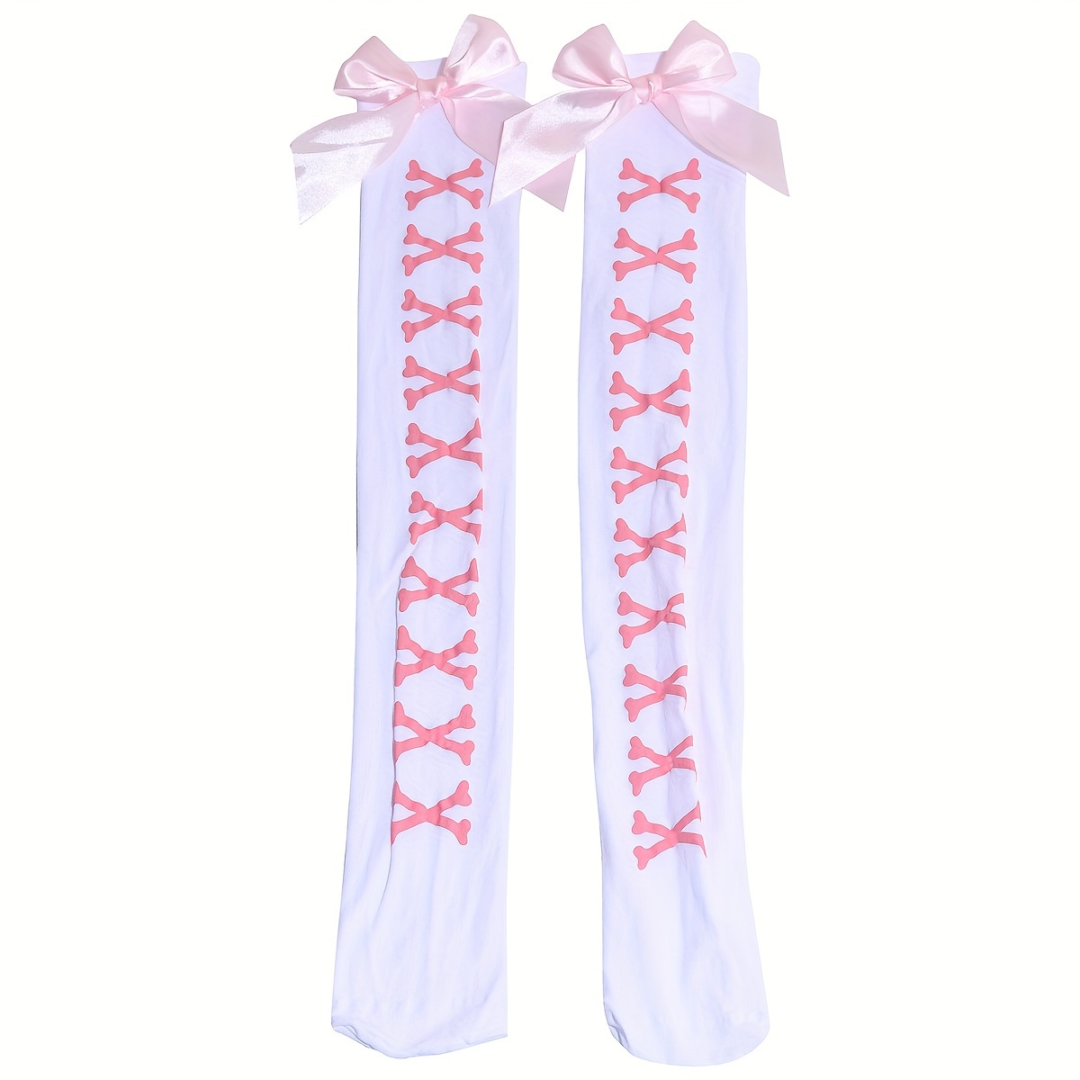 TEMU 1 Pair Bone Print Bow Decor Fashion Versatile Over-the-knee High Socks (random Print Pattern Size Position)