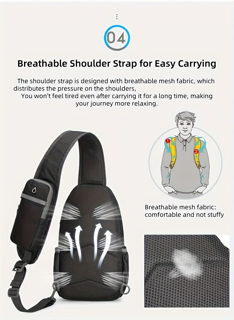 Sport Sling Bag for Men and Women - Large Capacity Crossbody Bag for Travel, Hiking & Daily Commute | Adjustable Breathable Strap, Multiple Pockets with Earphone Hole, Nylon.