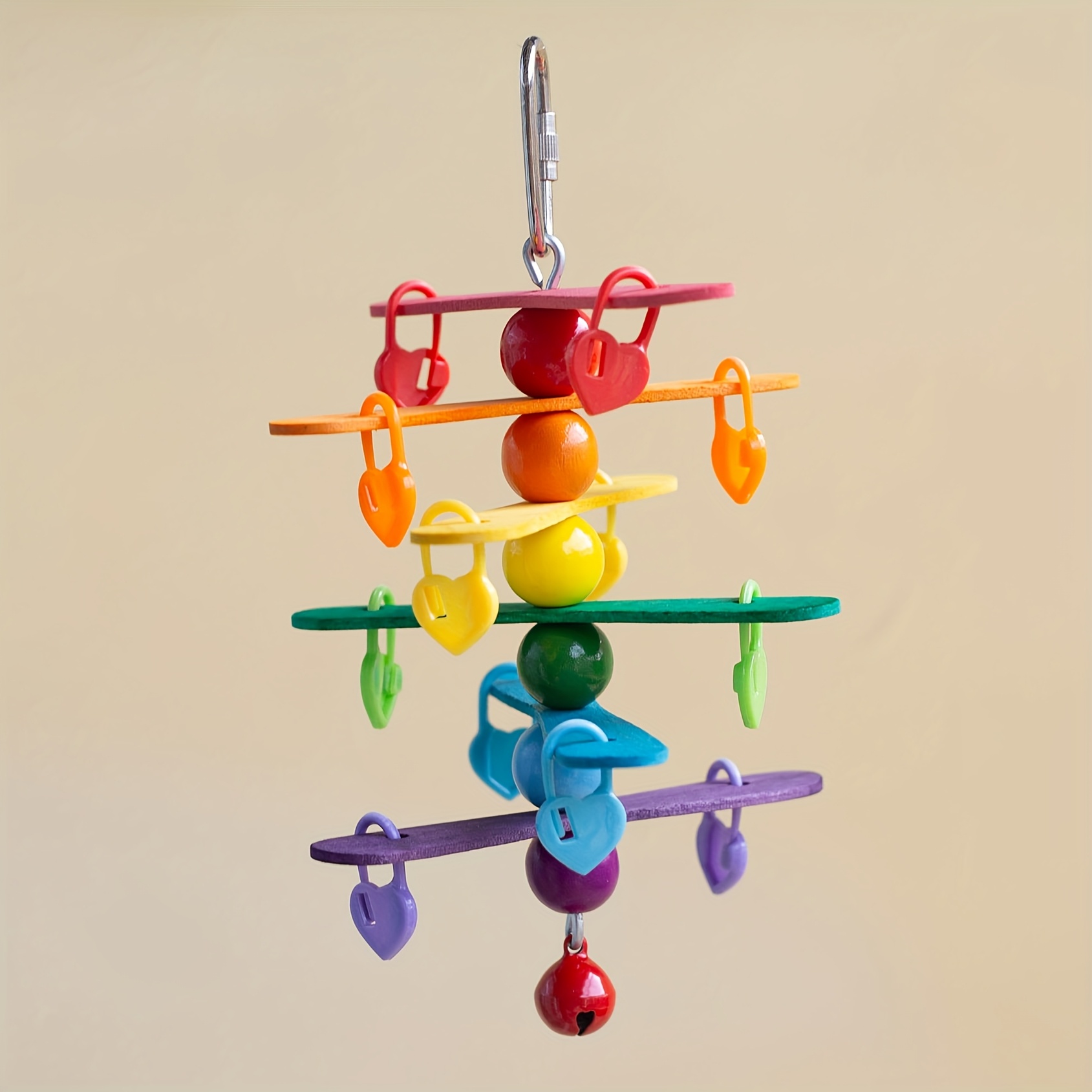 Image of Colorful Wooden Parrot Chewing & Spinning Toy With Bells - Fun Hanging Cage Accessory For Parakeets, Cockatiels, African Greys, Conures & Lovebirds, Plaything | Toy | Durable Pet Toy