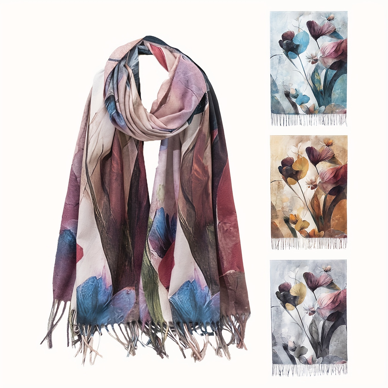 

Women's Floral Print Scarf With Tassels, Soft Polyester Fiber, Mature Style, Warm And Stylish