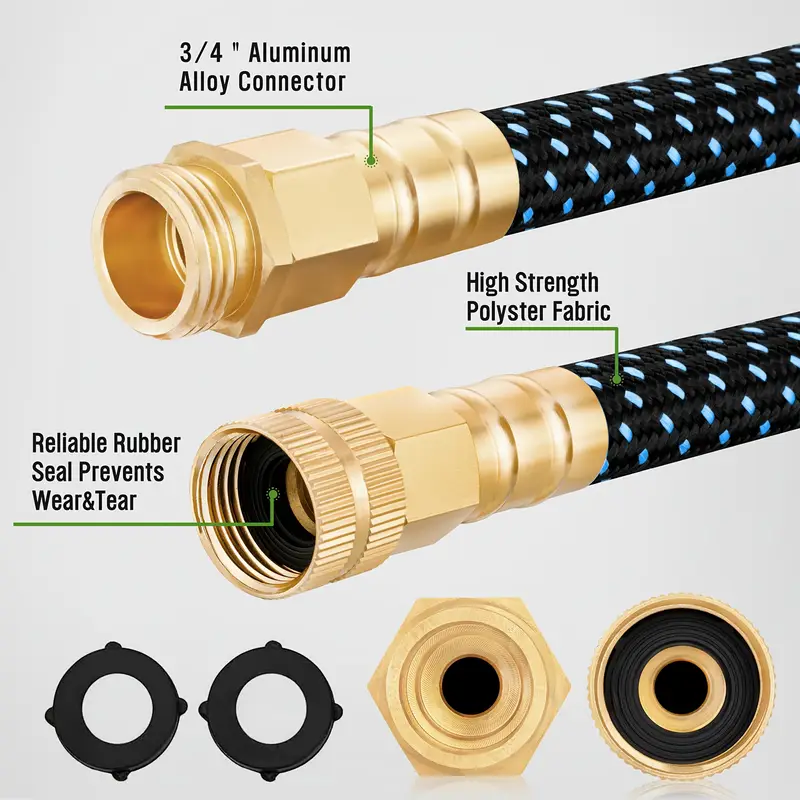 100ft garden hose with 10 function high pressure spray nozzle lightweight water hose for yard leakproof design durable rubber material with 3 4 solid brass fittings water hose for yard lawn car wash outdoor use 25 50 75 100ft Product details 3