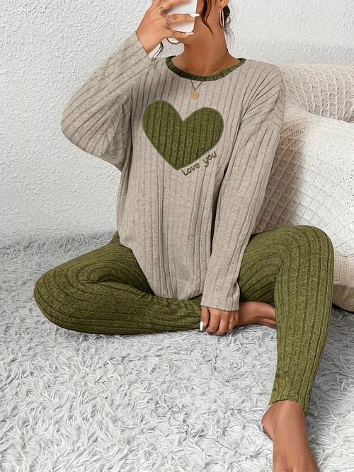 item picture autumn winter new womens pajama set 2pcs ribbed cable heart english embroidery round neck color block long sleeve fit pants