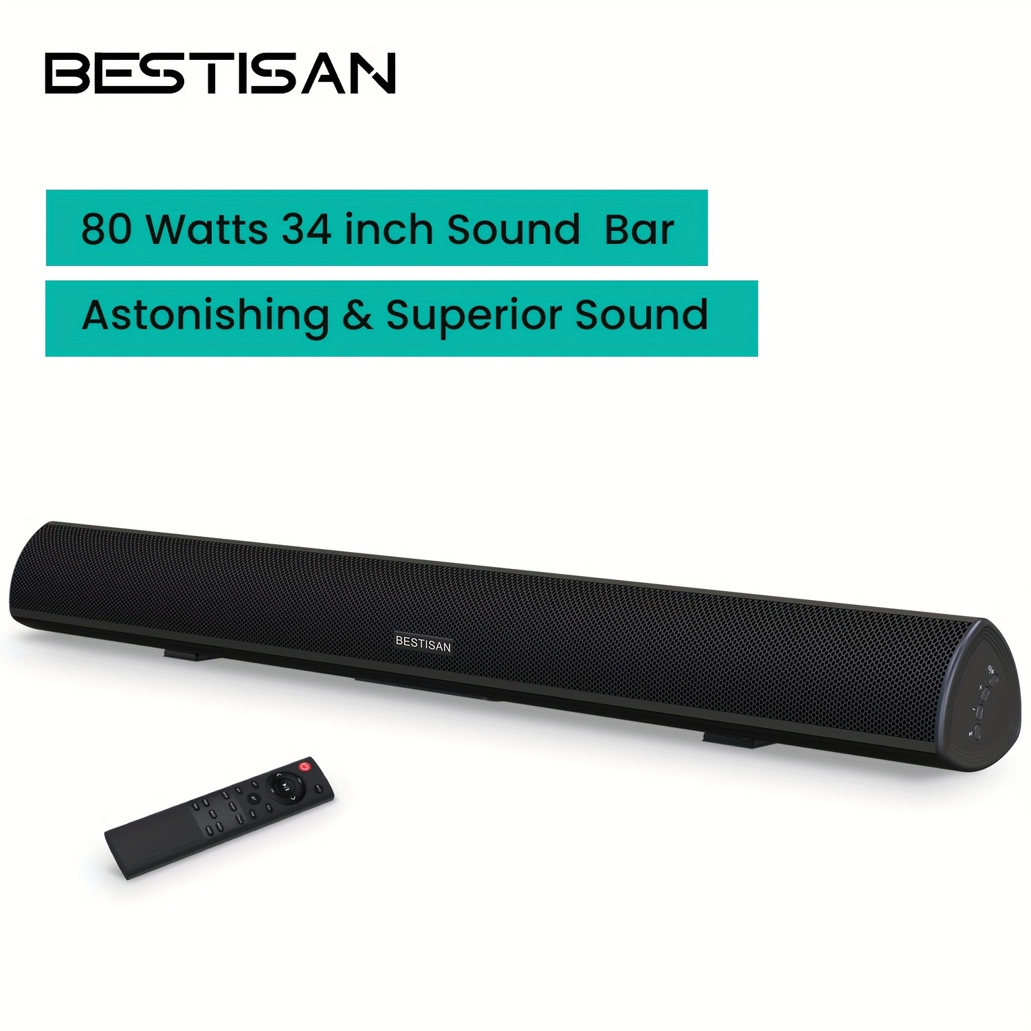 

80 Watts Soundbar, Sound Bars For Tv For Home Theater System (arc, Bt5.0, Aux, Opt, Usb Port To Play Local Music, 34 Inch, Dsp, Strong Bass, Wall Mountable, Bass Adjustable, Aux Output Port)