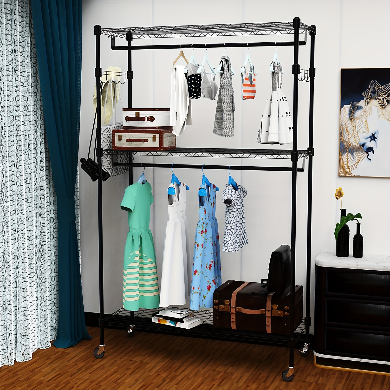 

Heavy Duty Rolling Clothing Rack With 3-tier Storage Shelves, Side Hooks, And 2-inch Wheels, Freestanding Wardrobe For Hanging Clothes