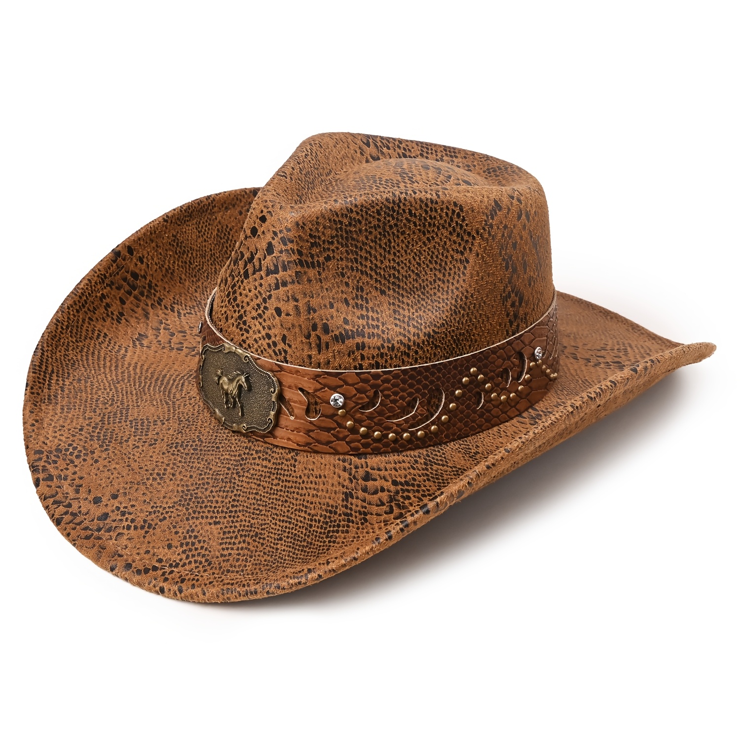 TEMU Retro American Western Women's Trendy Sparkling Python Pattern Printed Decorative Cowboy Hat Suitable For Outdoor Festival Occasions Top Hat