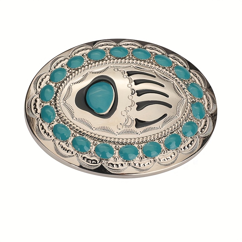 TEMU 1pc, Unique Belt , Silvery Oval Belt With Blue Turquoise Decoration, Western Cowboy Style Accessory, Unisex Vintage Style Belt , Only Includes