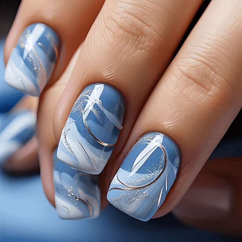TEMU Upgrade Your Look - 24pcs Press-on Nail Set, Blue Ombre Gradient Design With Minimalist Lines, Versatile And Elegant, Effect, Detachable False