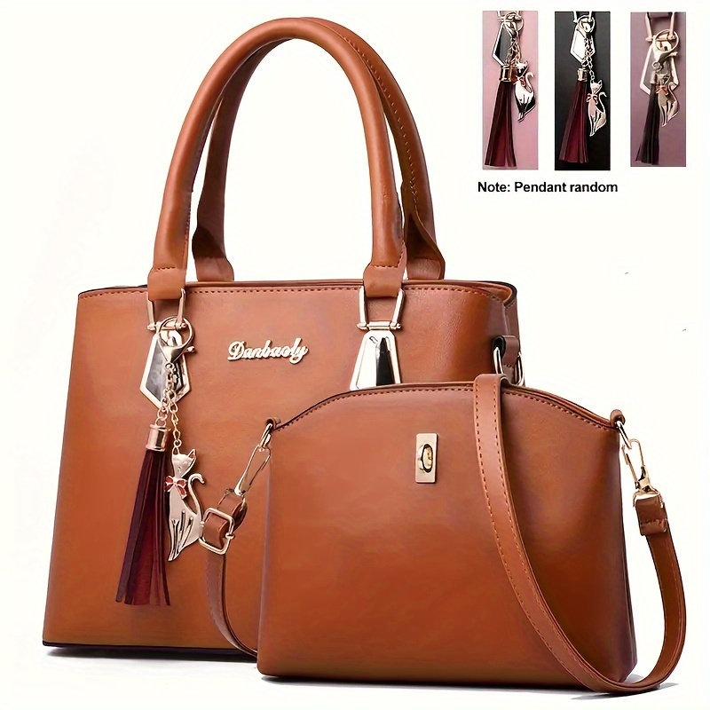 

2-piece Tote Bag Set With Tassel Pendant, Leather Shoulder Bags With Zipper Closure, Hand Washable Polyester Lined, Casual Commuter Bags