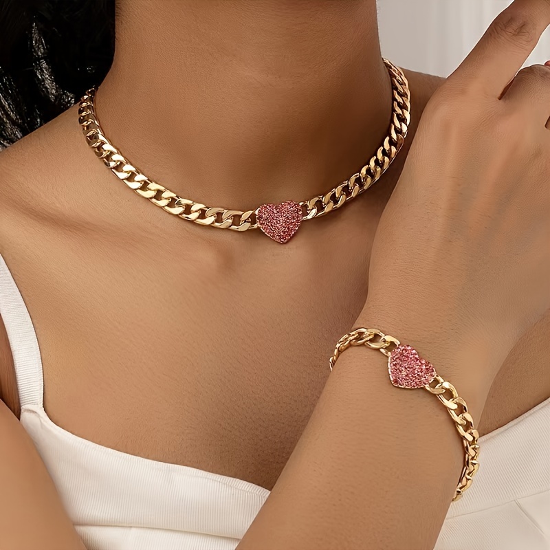 French Vintage Rhinestone Heart Hand Necklace Set