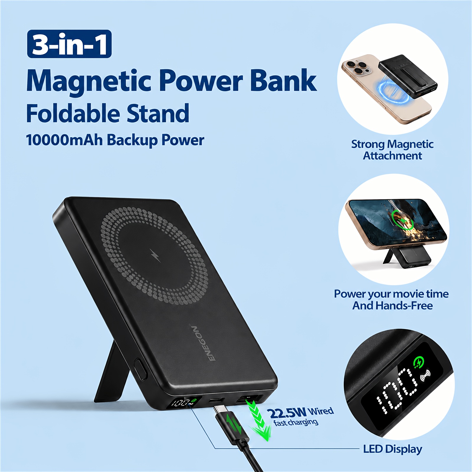 TEMU ENEGON Batería Externa Magnética con Soporte Plegable Incorporado, Batería de Respaldo de 10000Mah, Carga Inalámbrica de 15W y Carga Rápida con