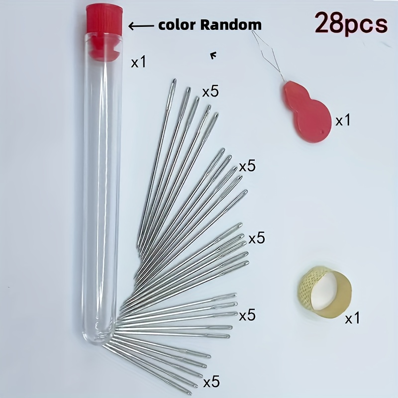 Image of 28pcs Random Hand Sewing Needle Set, Including Threading Device, Top Needle, Storage Bottle - 5 Sizes Of Large Eye Needles, Suitable For Elderly, Quilting, Embroidery, Yarn And Leather Crafts