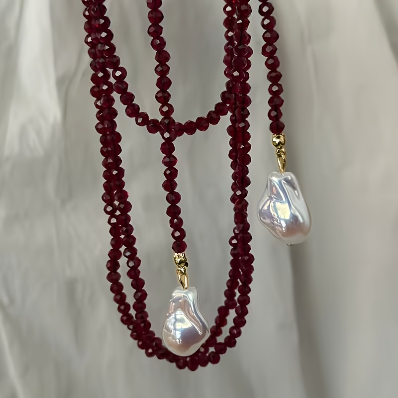 Image of 1pc Women'-long Necklace - Minimalist Bohemian Red Black Stone Chain With Teardrop Pendant, Elegant Layered Necklace For Daily And Special Occasions, Women's Party Vacation Gift
