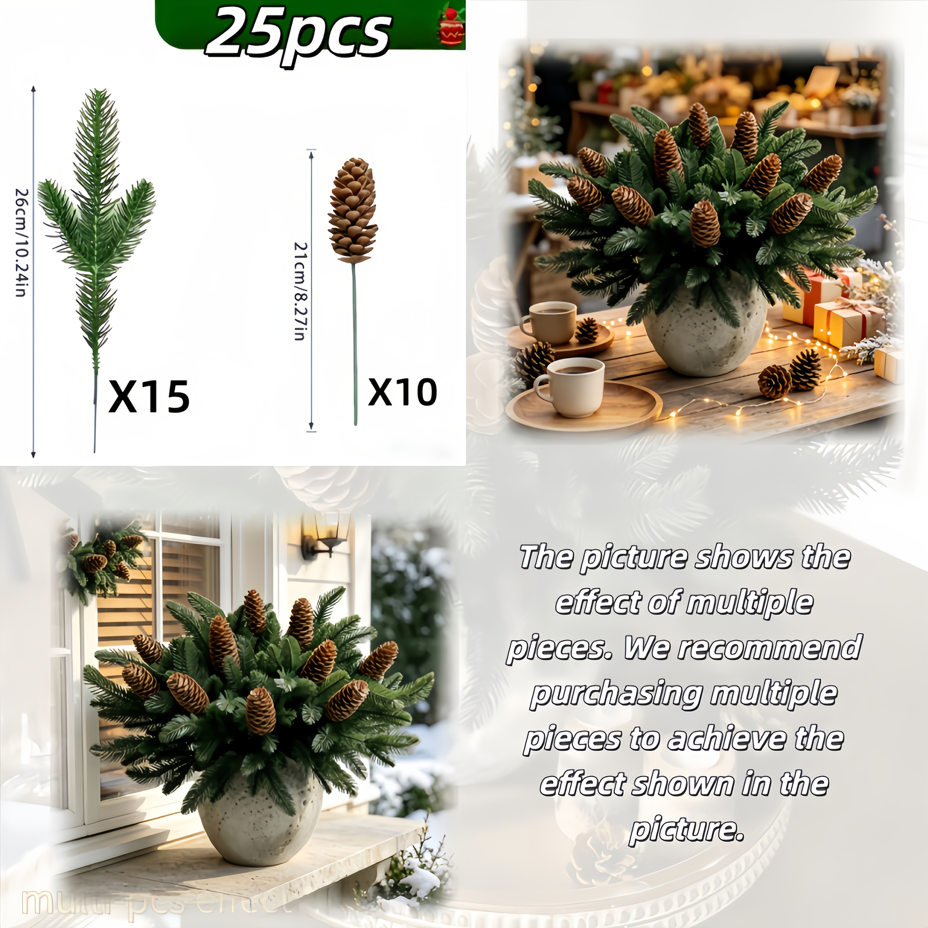 TEMU 25pcs Artificial Norfolk Pine Bouquet Of Fake Pinecones, No Care Needed, Natural Full Floral Decoration, Suitable For Garden, Porch, Fireplace,