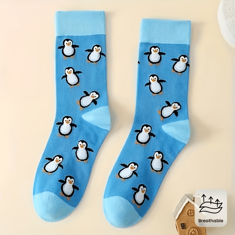 TEMU 1 Pair Of Women's Blue Cute Penguin Casual Fashionable And Comfortable Mid-calf Socks