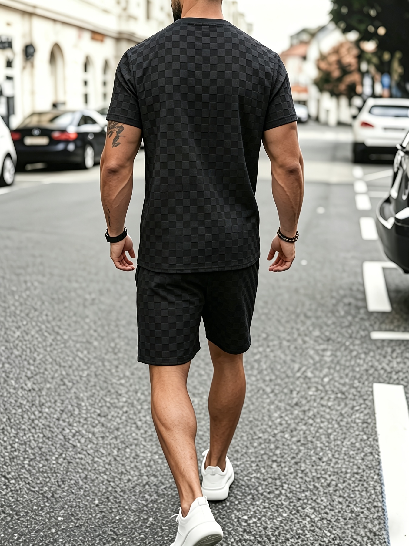Men's Checkered Knit Jacquard Shirt and Comfortable Shorts Set