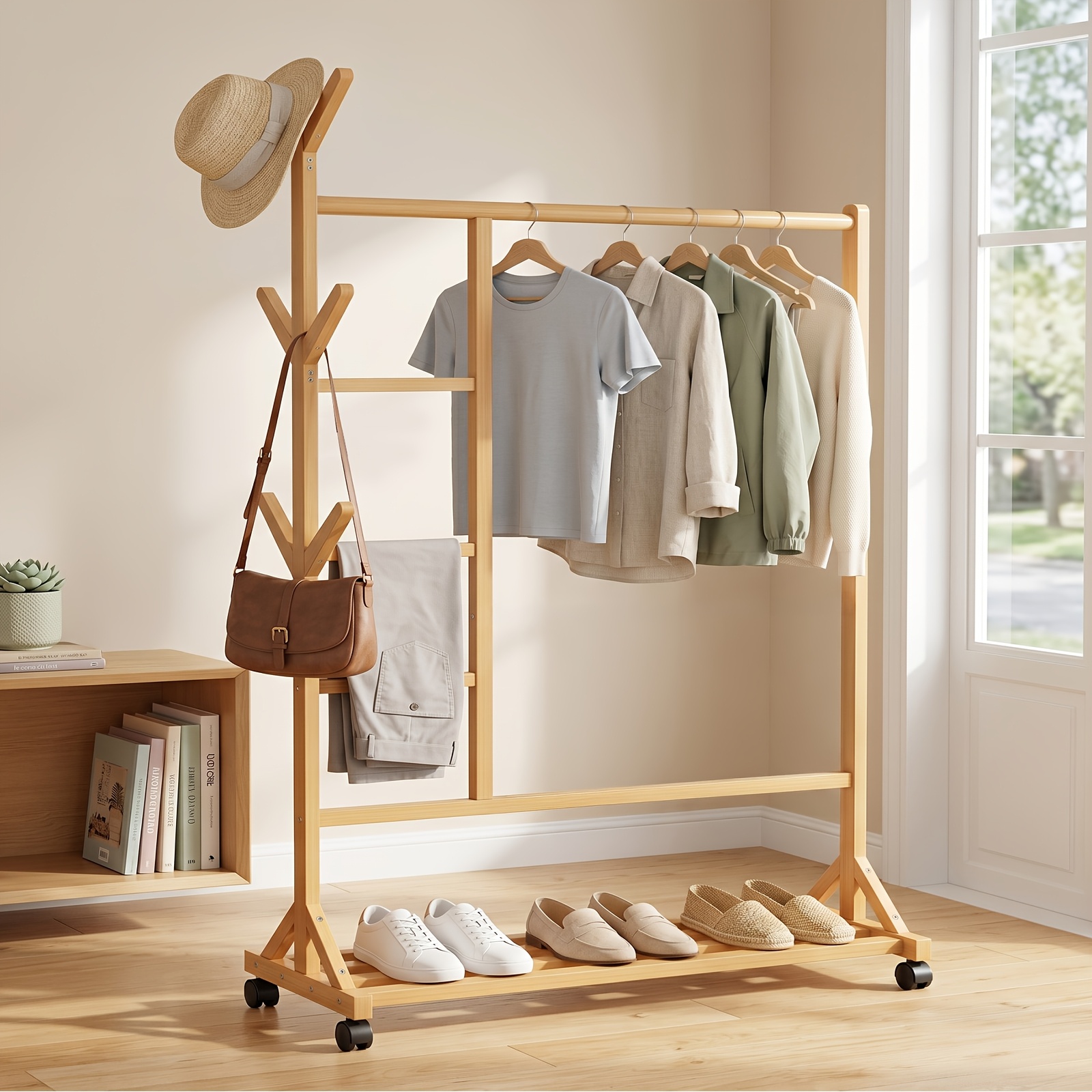Rolling Garment Rack With Wheels And 100cm Clothes Hanging Rail With Side Hooks Heavy Duty Coat Rack For Bedroom Entryway Laundry Room Storage