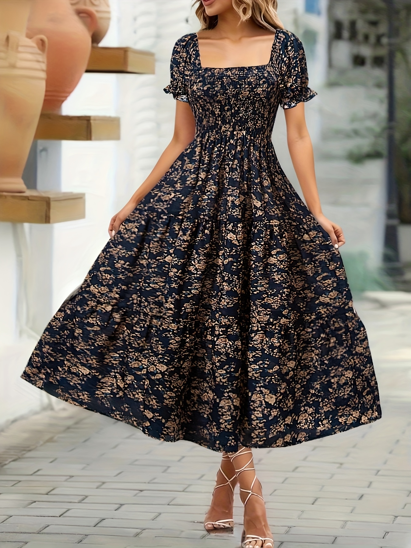 vrouwen elegante marineblauwe jurk met bloemenprint en Temu